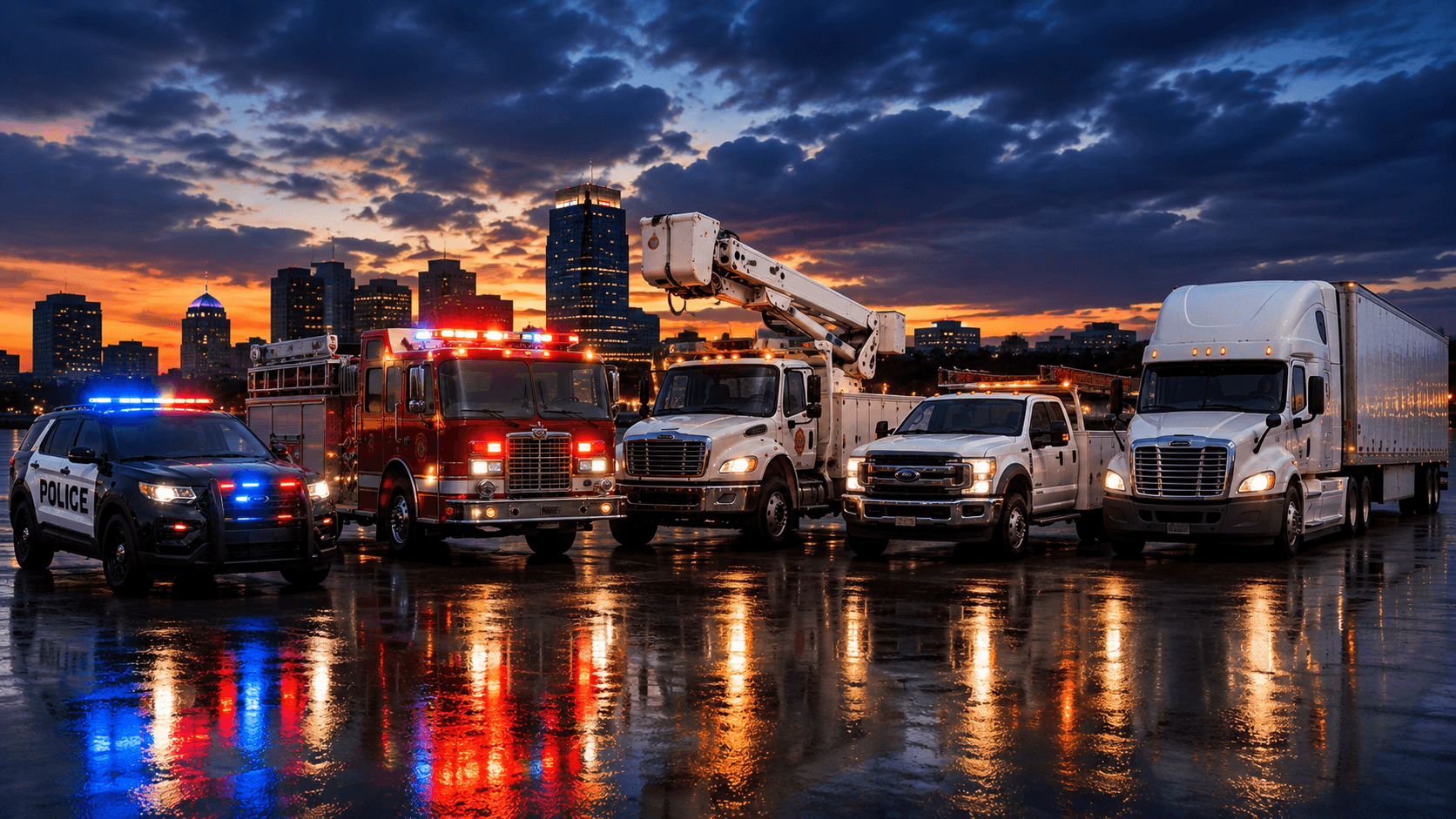 SafeGuard Command Fleet fleet scene placeholder showing police, pickup, and utility vehicles